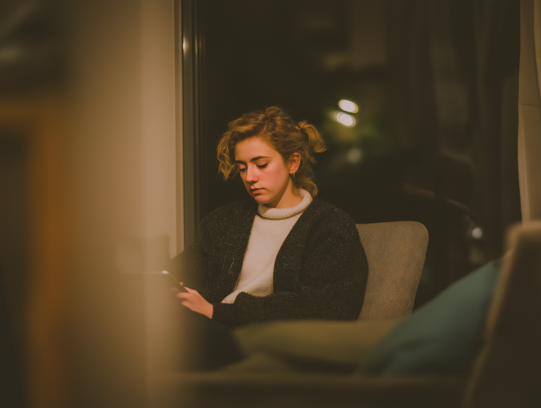 Woman sitting indoors looking down thoughtfully, quiet introspection and emotional moment