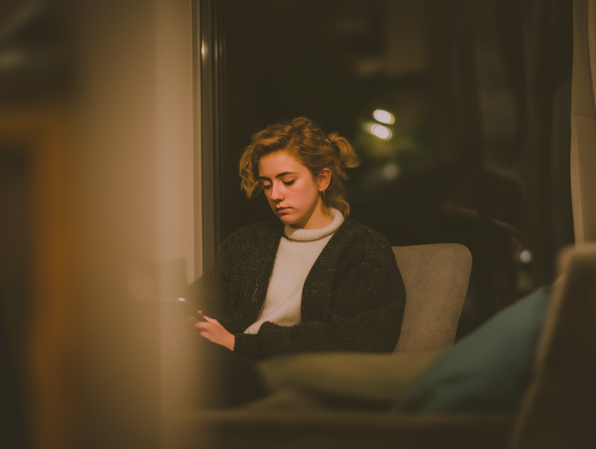 Woman sitting indoors looking down thoughtfully, quiet introspection and emotional moment