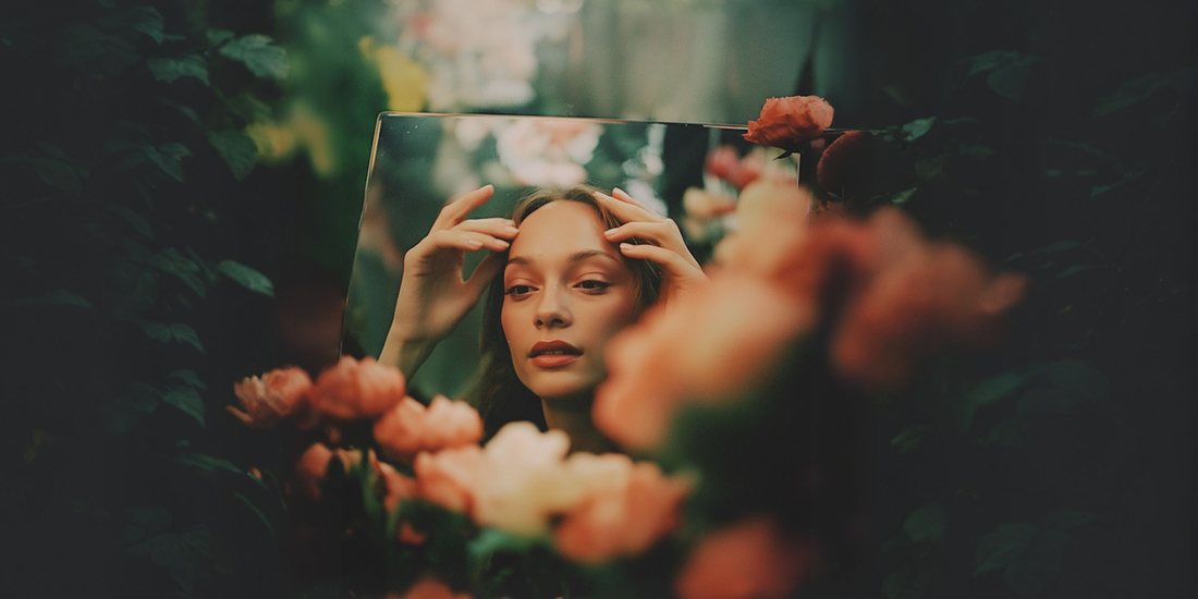 Woman surrounded by flowers in nature, serene beauty and self-reflection