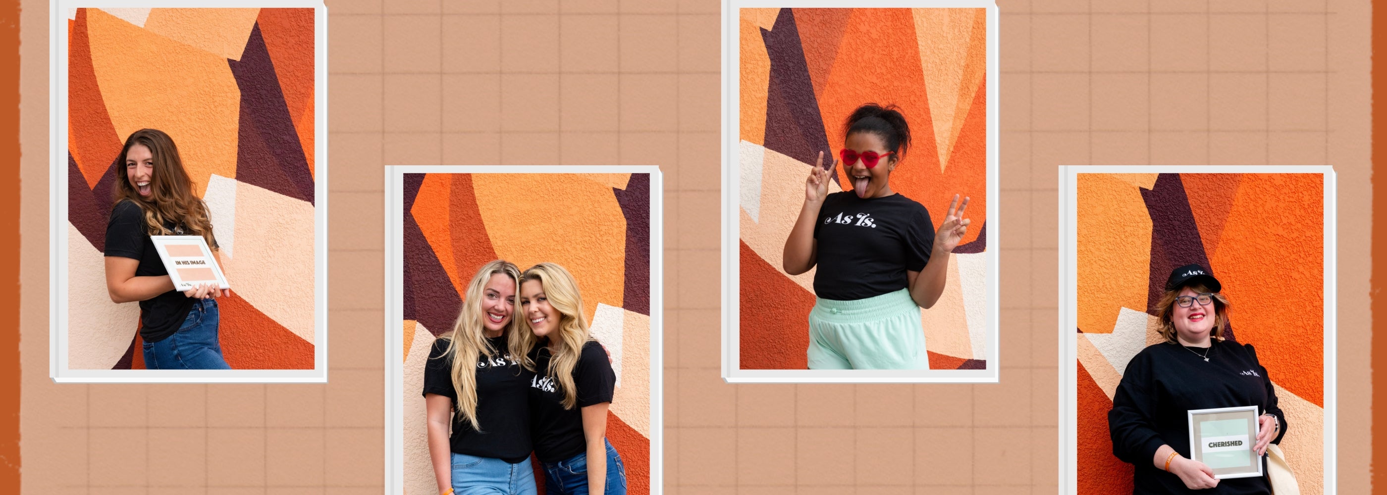 Women posing in studio with branded shirts, body positivity campaign