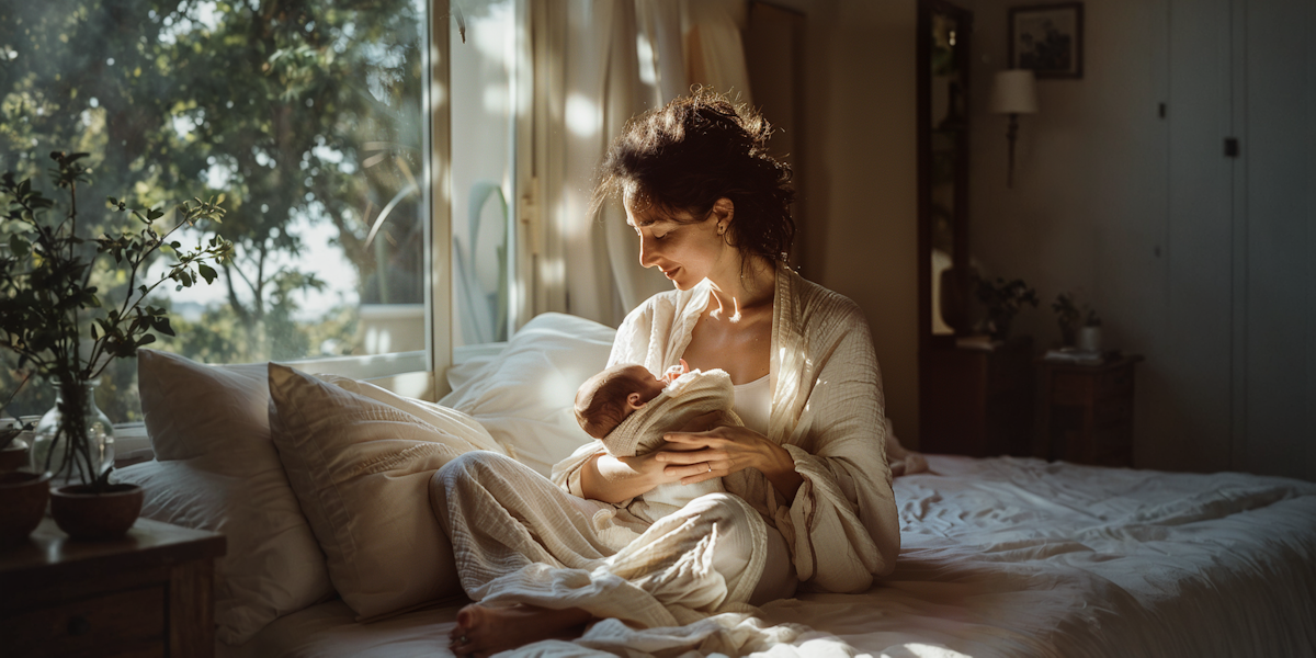Woman holding a baby in a softly lit bedroom